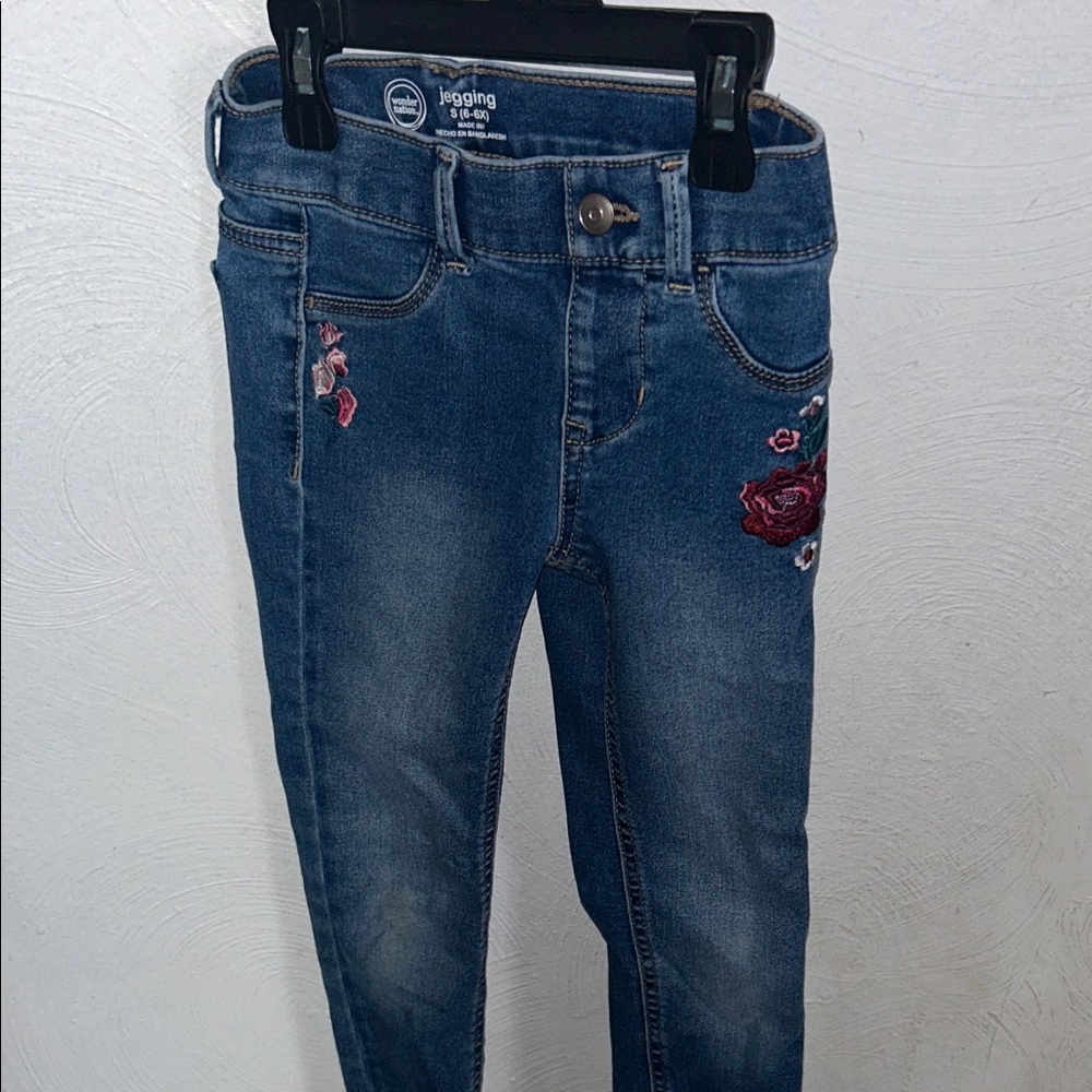 Girls' Dark Blue Embroidered Jeggings - Floral Accent